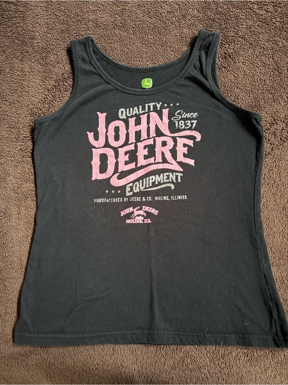 John Deere Black Tank Top with Pink Logo Text